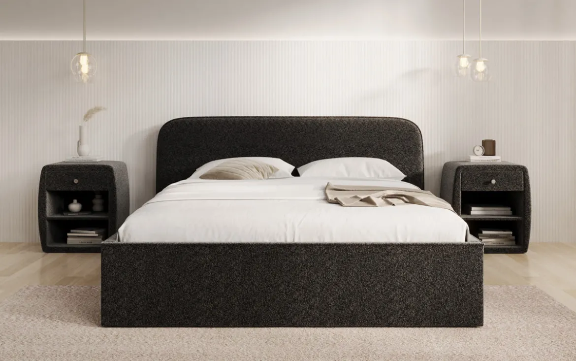 Designer Polsterbett Nola in Strukturstoff mit Stauraum