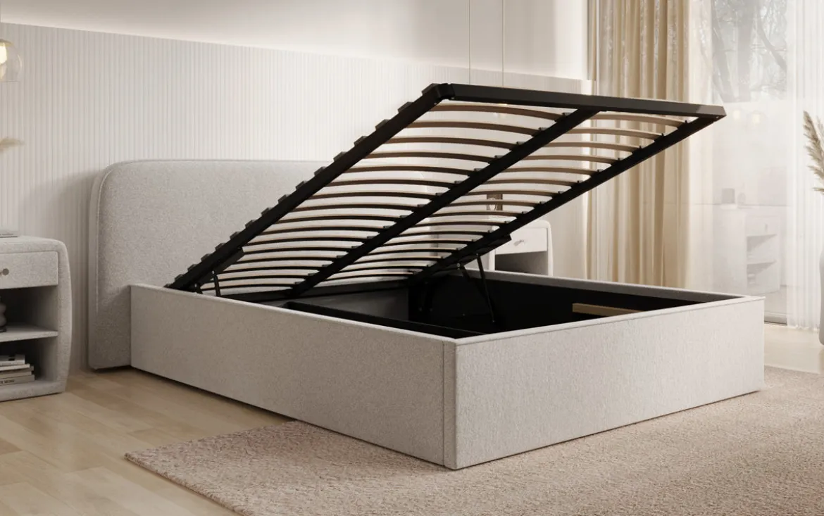 Designer Polsterbett Nola in Strukturstoff mit Stauraum