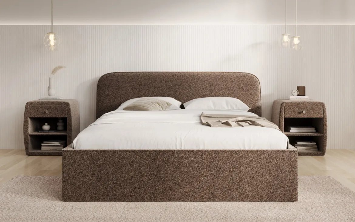 Designer Polsterbett Nola in Strukturstoff mit Stauraum