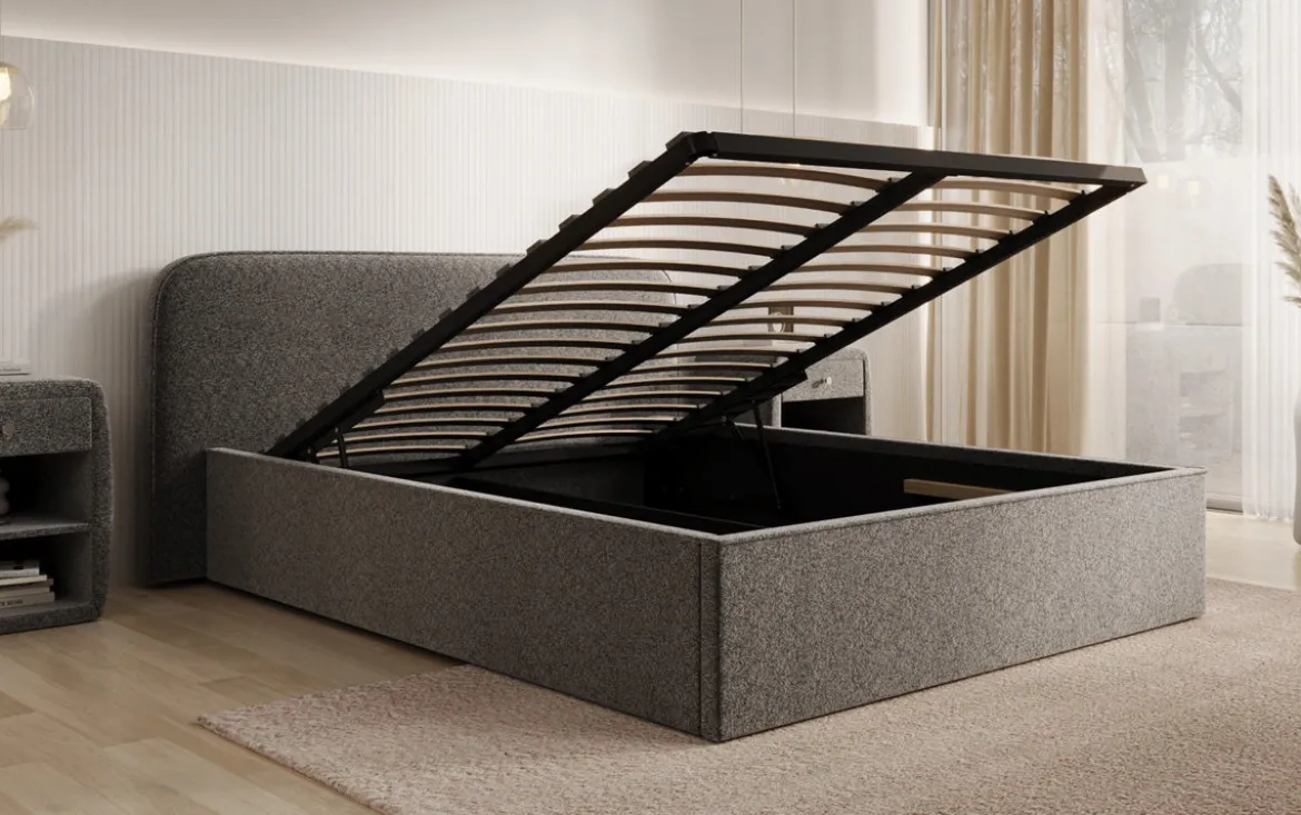 Designer Polsterbett Nola in Strukturstoff mit Stauraum