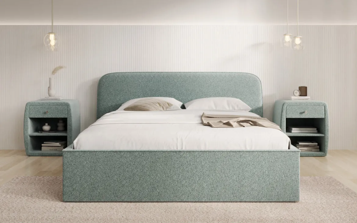 Designer Polsterbett Nola in Strukturstoff mit Stauraum