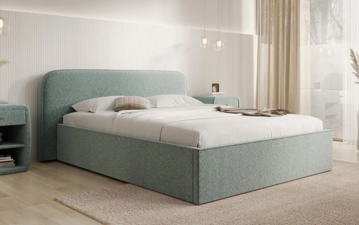 Designer Polsterbett Nola in Strukturstoff mit Stauraum