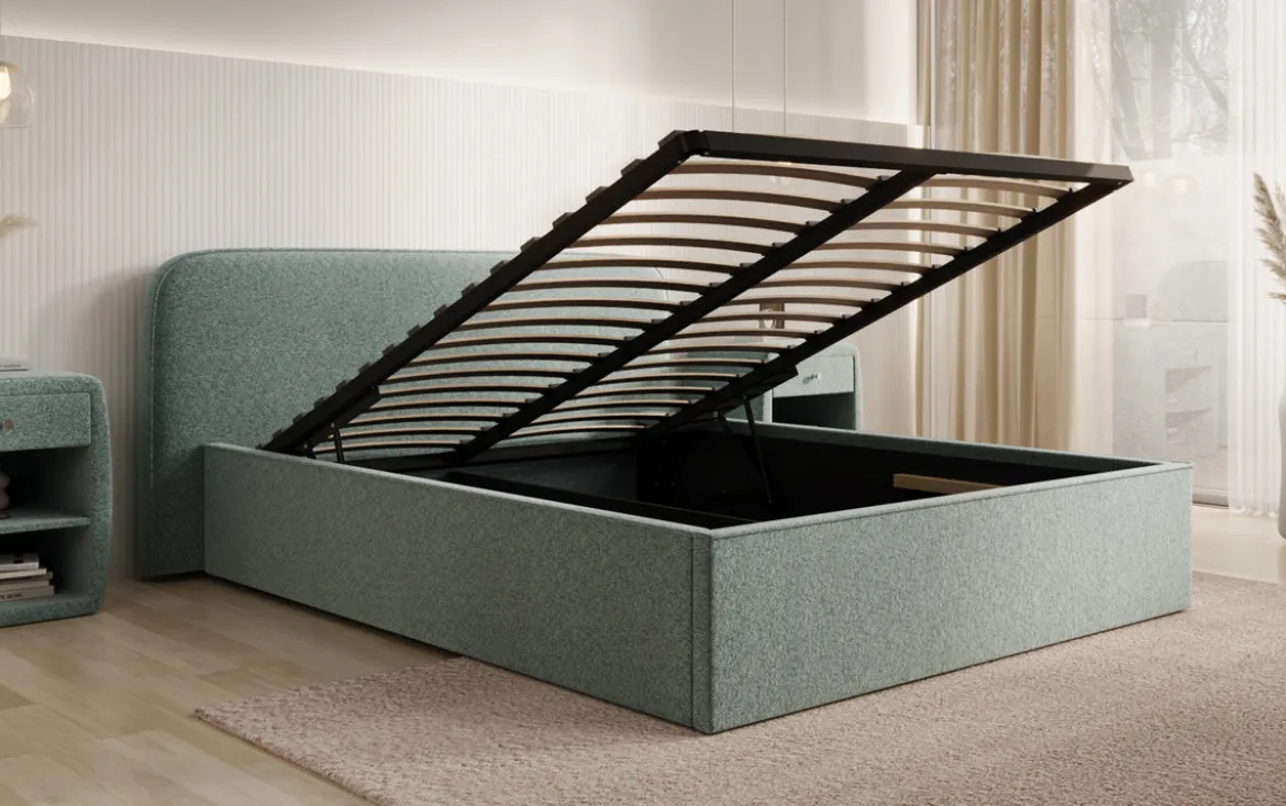 Designer Polsterbett Nola in Strukturstoff mit Stauraum