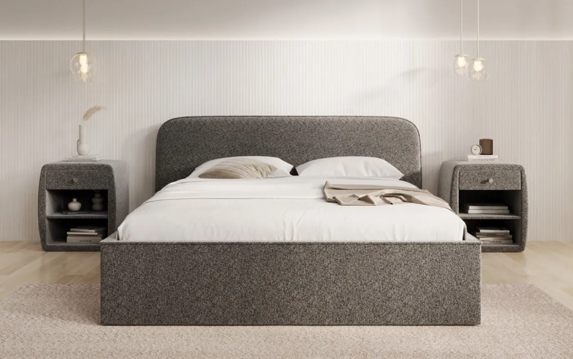 Designer Polsterbett Nola in Strukturstoff mit Stauraum