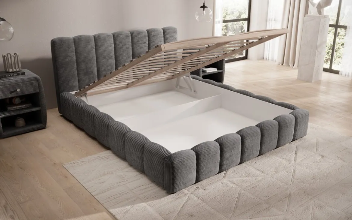 Designer Polsterbett Nuveo in Cord mit Stauraum