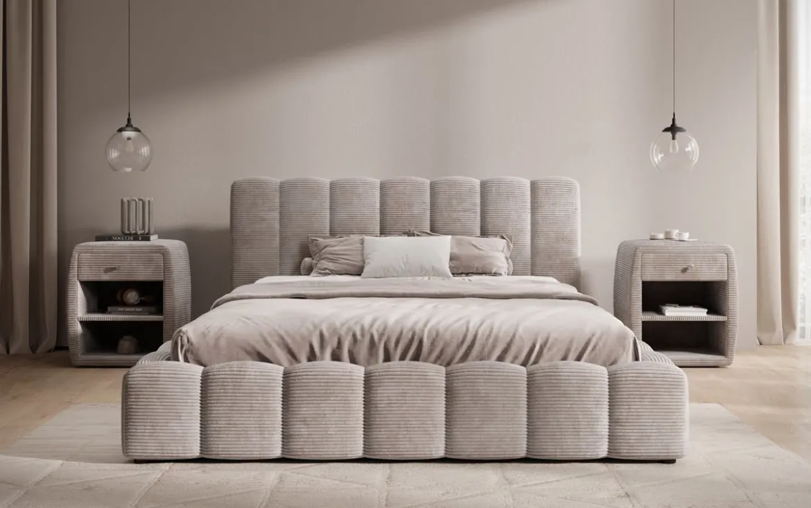 Designer Polsterbett Nuveo in Cord mit Stauraum