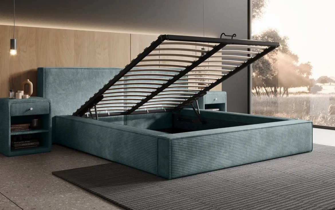 Designer Polsterbett Ophelia in Cord mit Stauraum