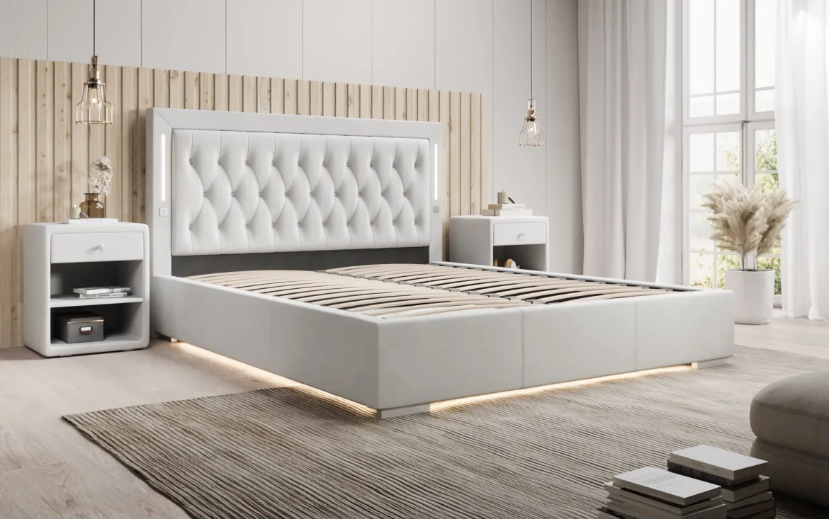 Designer Polsterbett Relina inkl. RGB, USB und Stauraum