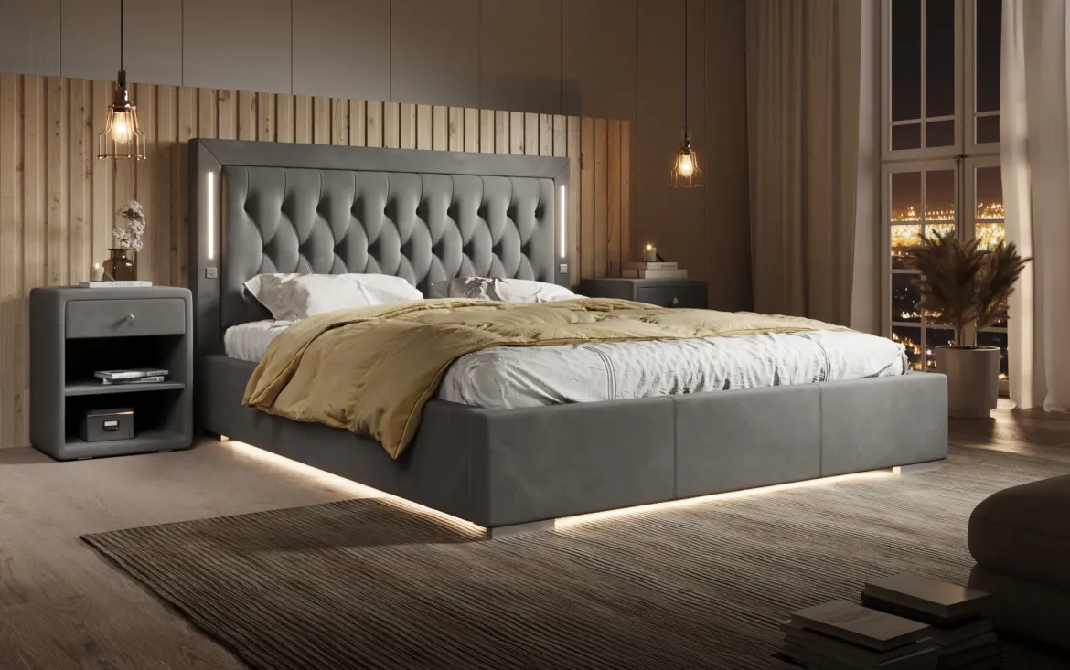 Designer Polsterbett Relina inkl. RGB, USB und Stauraum