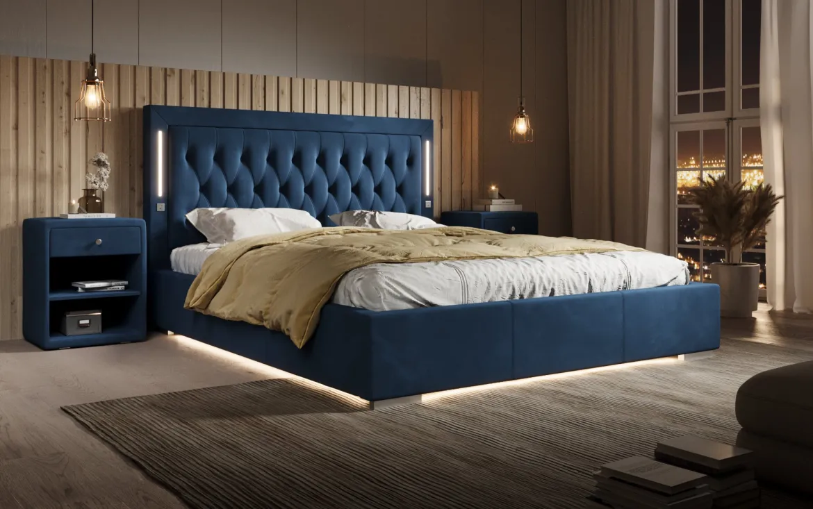 Designer Polsterbett Relina inkl. RGB, USB und Stauraum