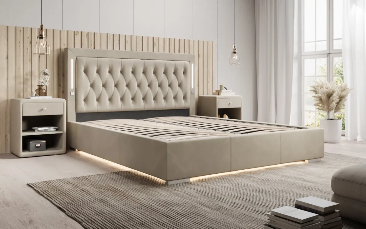 Designer Polsterbett Relina inkl. RGB, USB und Stauraum