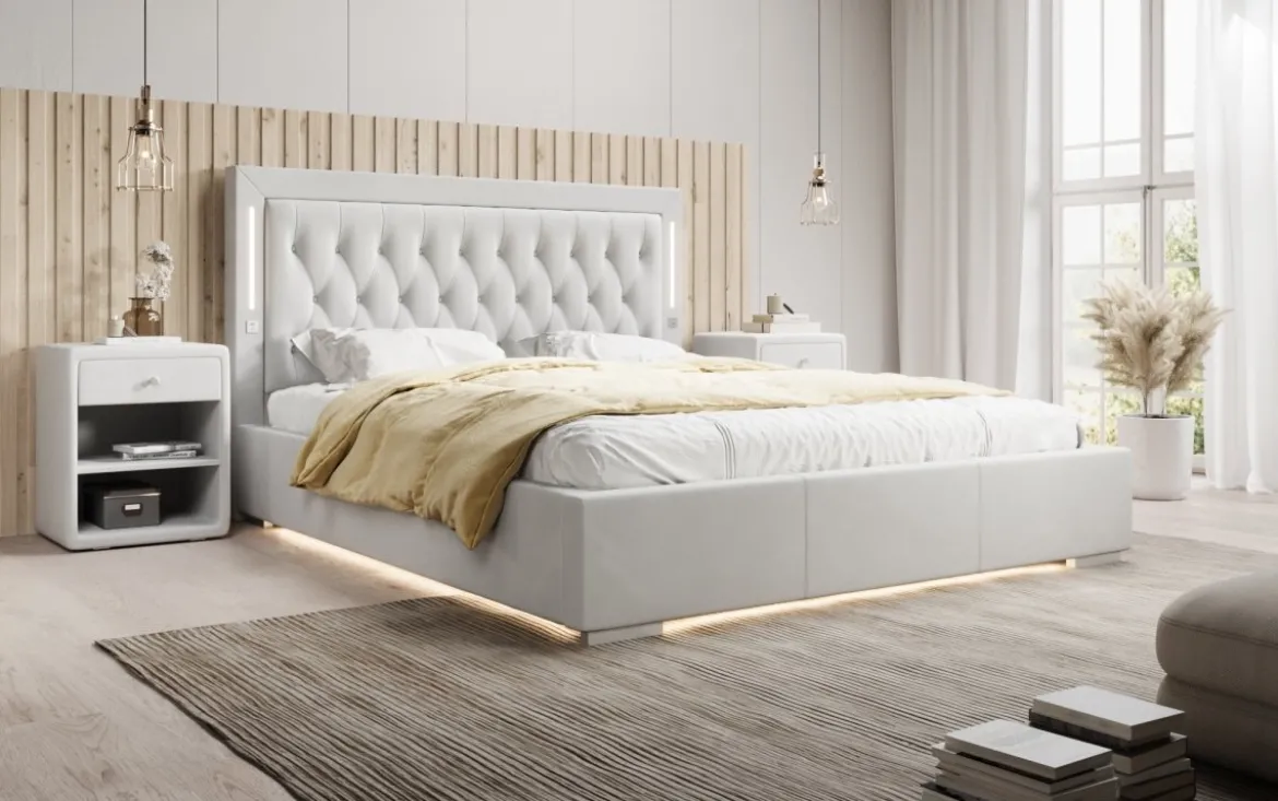 Designer Polsterbett Relina inkl. RGB, USB und Stauraum