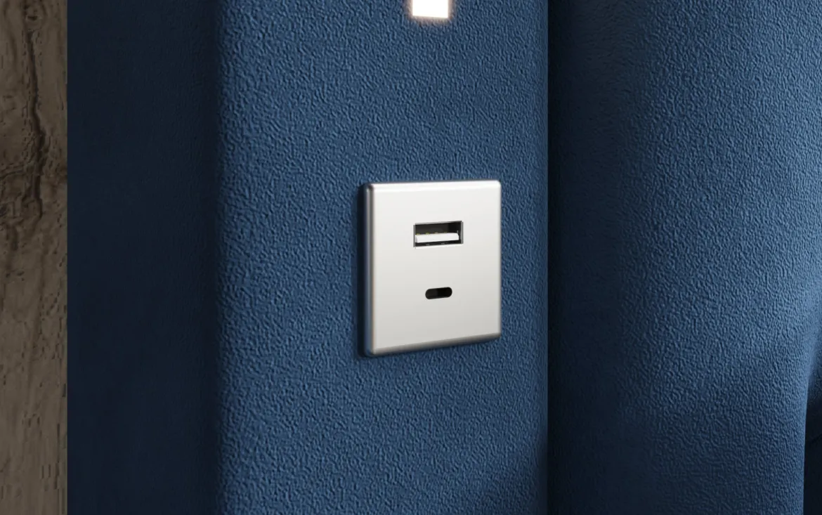 Designer Polsterbett Relina inkl. RGB, USB und Stauraum
