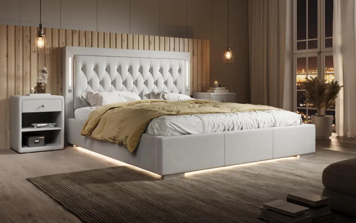 Designer Polsterbett Relina inkl. RGB, USB und Stauraum