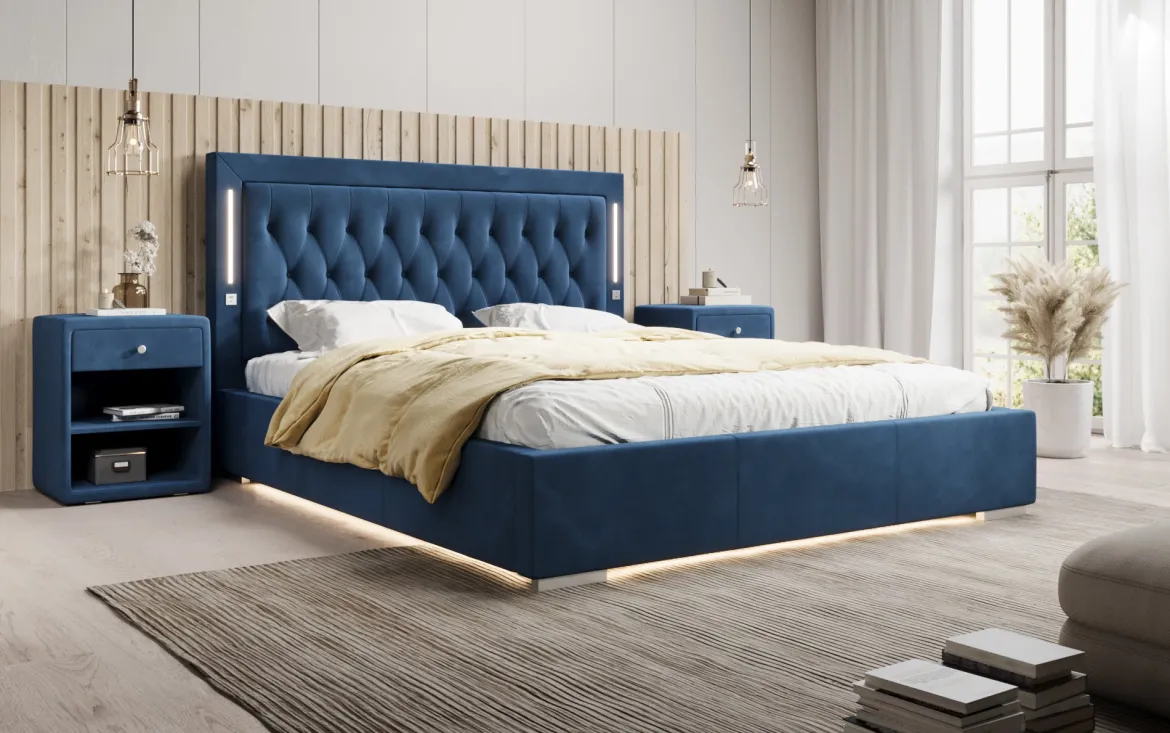 Designer Polsterbett Relina inkl. RGB, USB und Stauraum