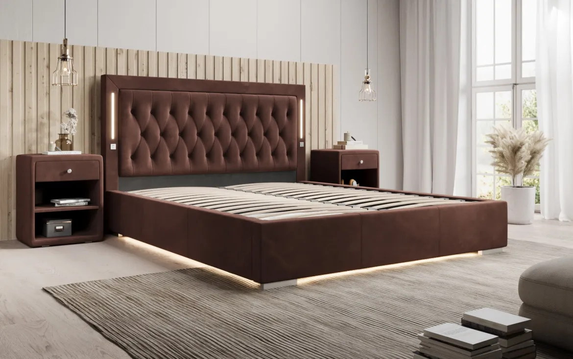 Designer Polsterbett Relina inkl. RGB, USB und Stauraum