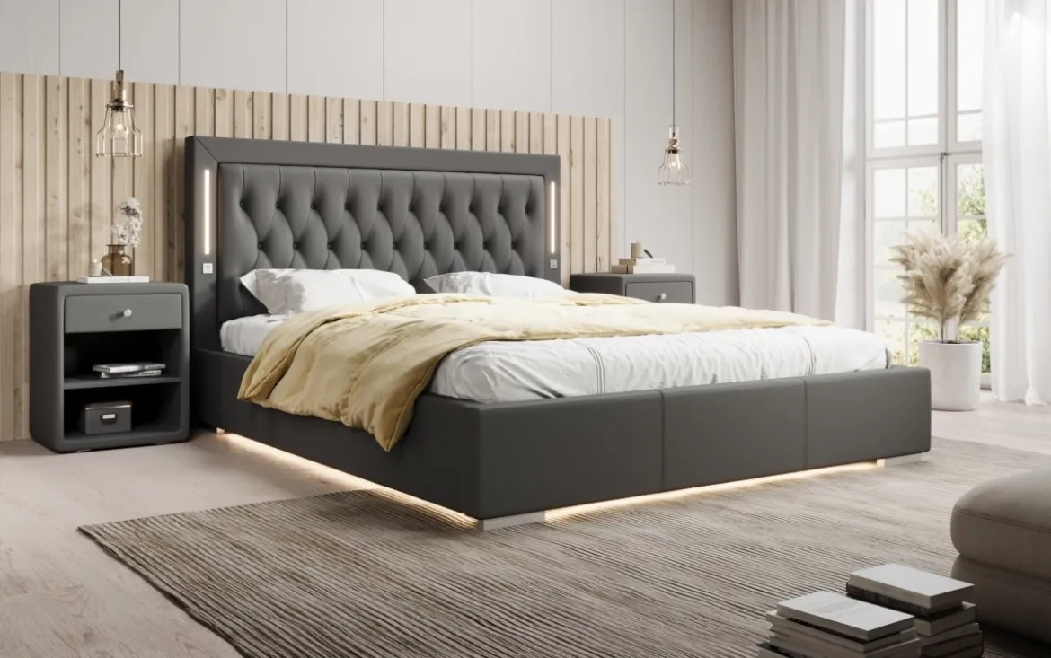 Designer Polsterbett Rio inkl. RGB, USB und Stauraum