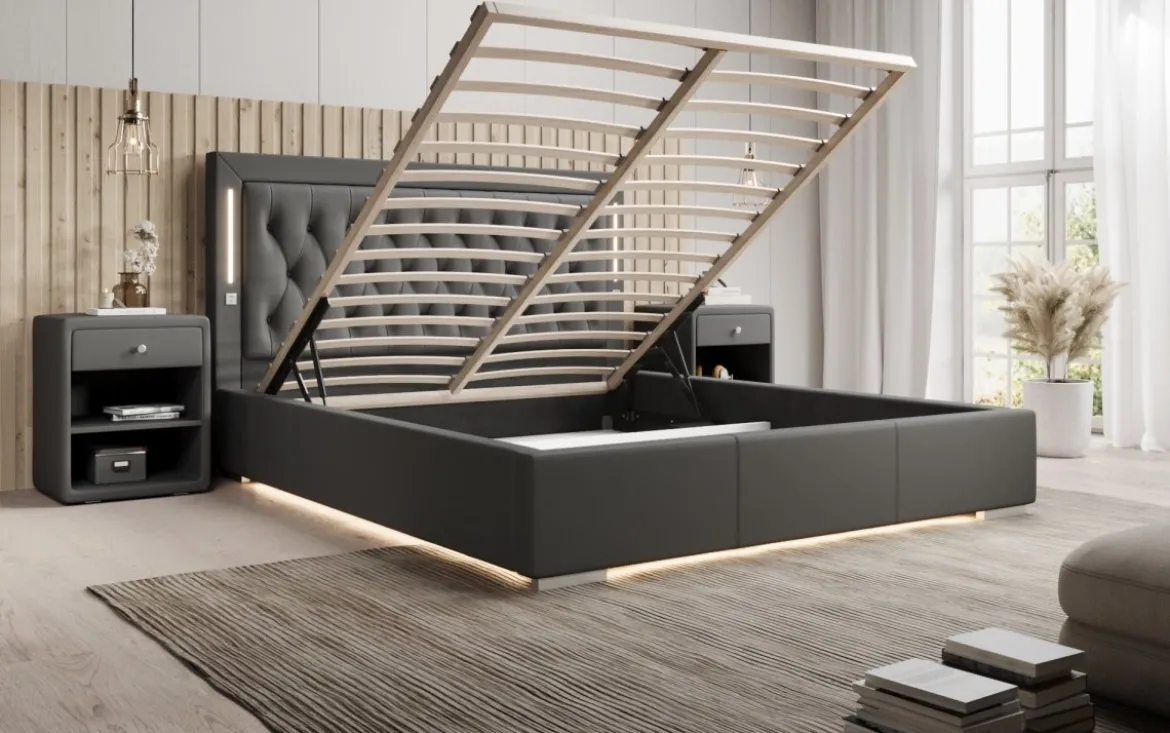 Designer Polsterbett Rio inkl. RGB, USB und Stauraum