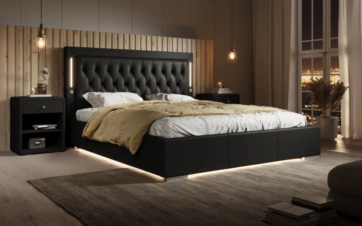 Designer Polsterbett Rio inkl. RGB, USB und Stauraum