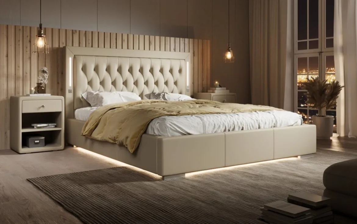 Designer Polsterbett Rio inkl. RGB, USB und Stauraum
