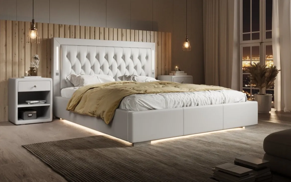 Designer Polsterbett Rio inkl. RGB, USB und Stauraum