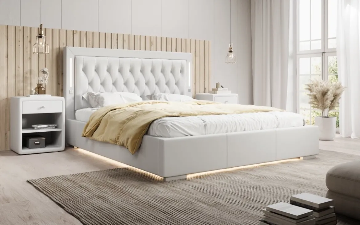Designer Polsterbett Rio inkl. RGB, USB und Stauraum