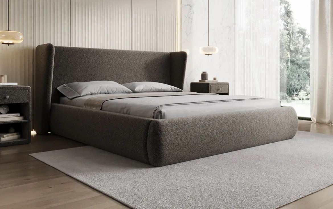 Designer Polsterbett Rosalie in Strukturstoff mit Stauraum