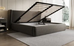 Designer Polsterbett Rosalie in Strukturstoff mit Stauraum