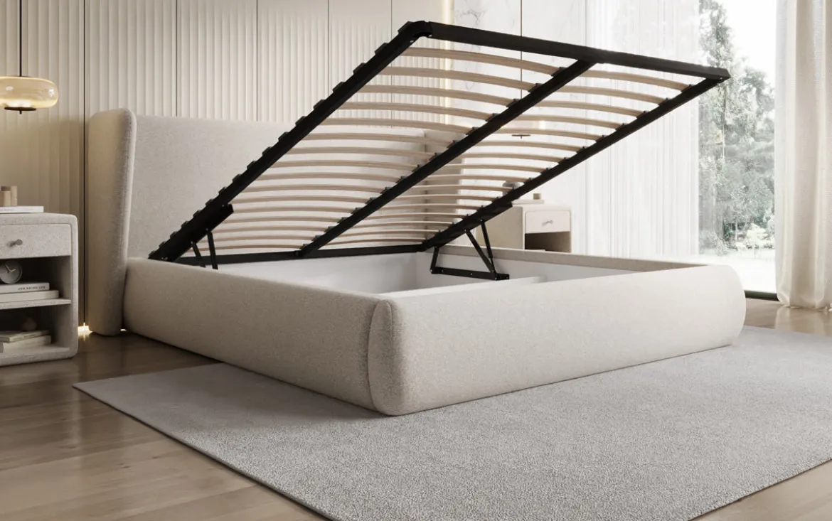 Designer Polsterbett Rosalie in Strukturstoff mit Stauraum