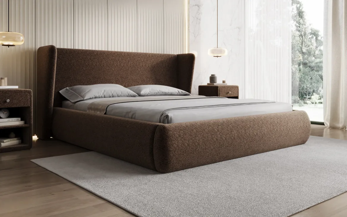 Designer Polsterbett Rosalie in Strukturstoff mit Stauraum