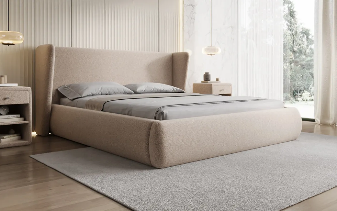 Designer Polsterbett Rosalie in Strukturstoff mit Stauraum