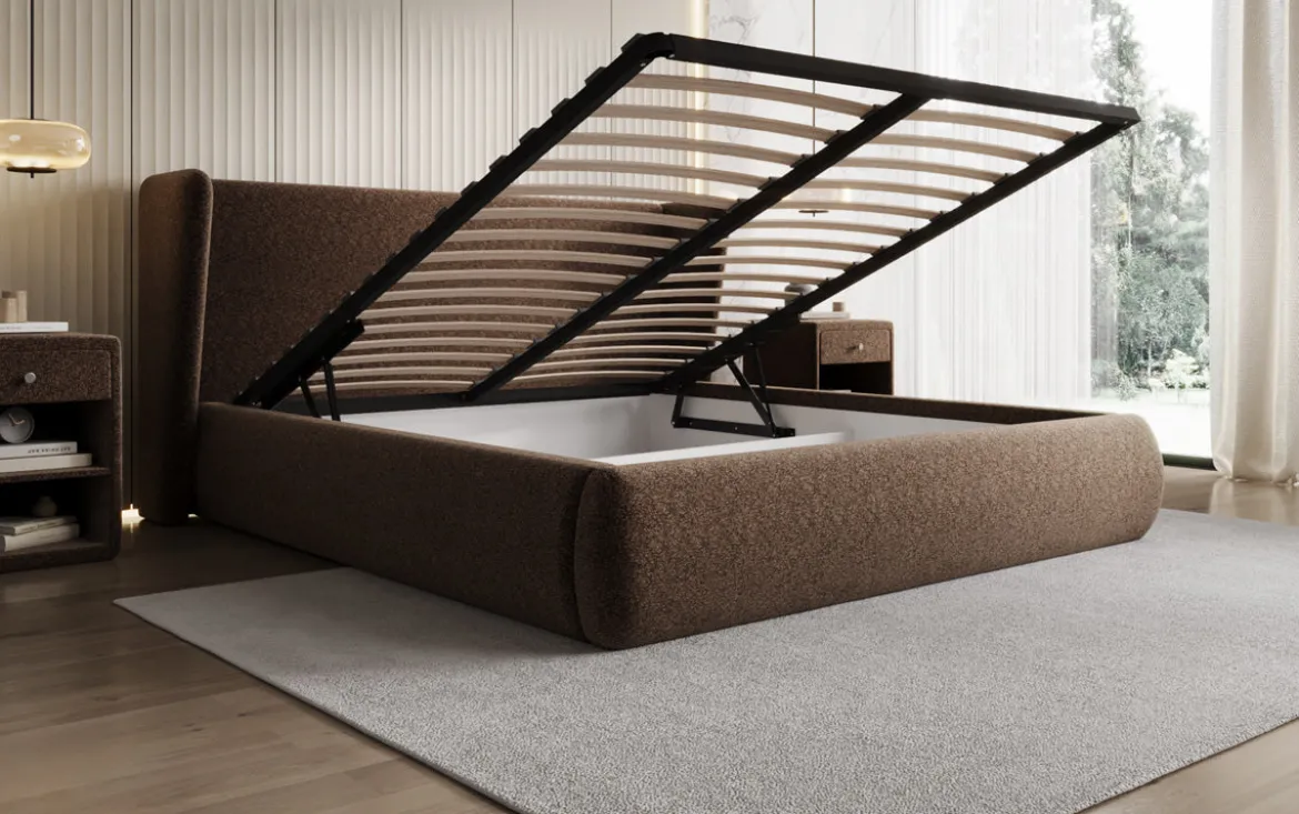 Designer Polsterbett Rosalie in Strukturstoff mit Stauraum