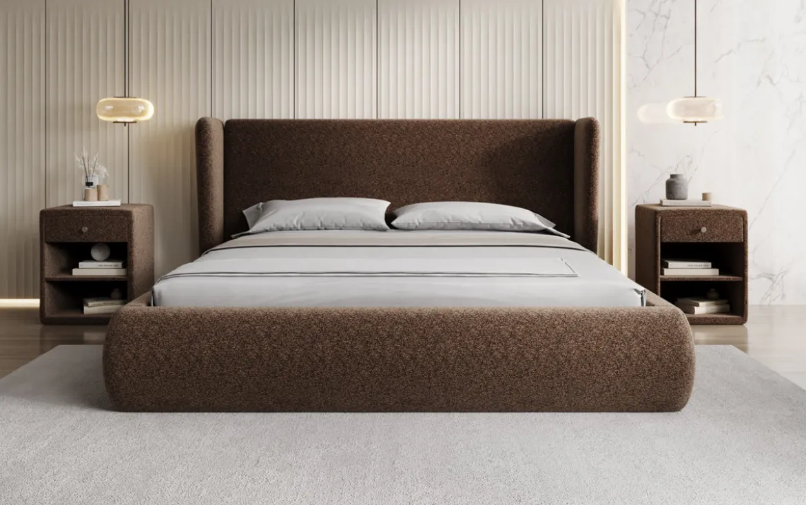 Designer Polsterbett Rosalie in Strukturstoff mit Stauraum