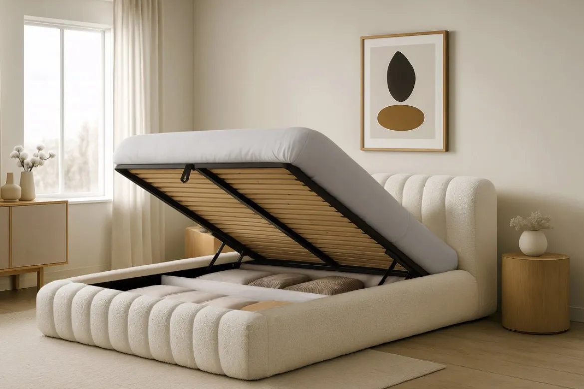 Designer Polsterbett Selene Bouclé mit Stauraum