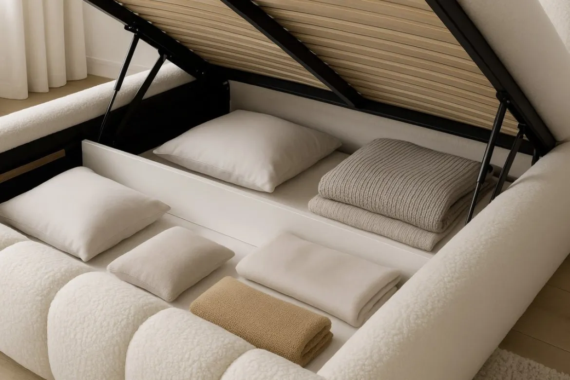 Designer Polsterbett Selene Bouclé mit Stauraum
