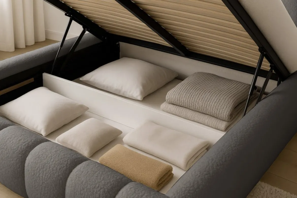 Designer Polsterbett Selene Bouclé mit Stauraum