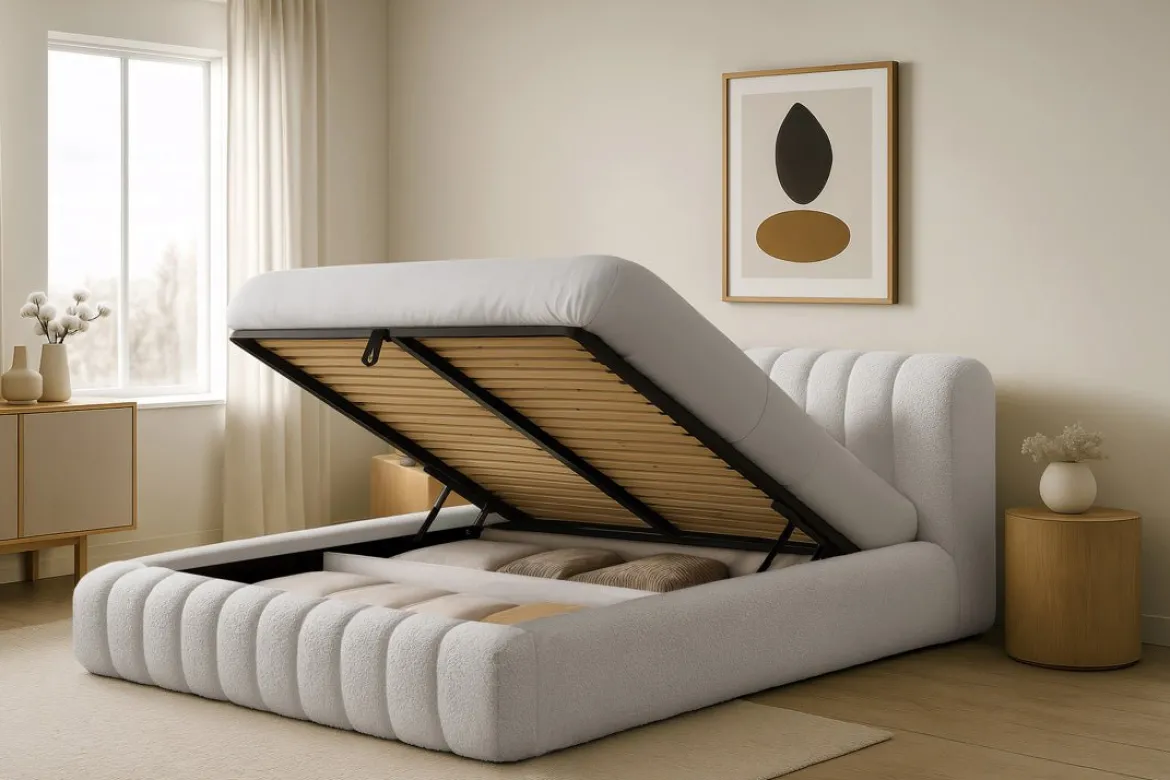 Designer Polsterbett Selene Bouclé mit Stauraum