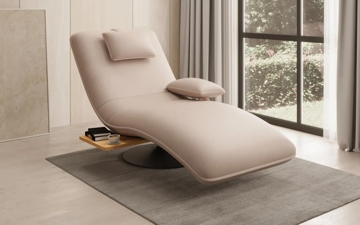 Designer Relax-Liege Velor Echtleder mit Drehfunktion und Beistelltisch