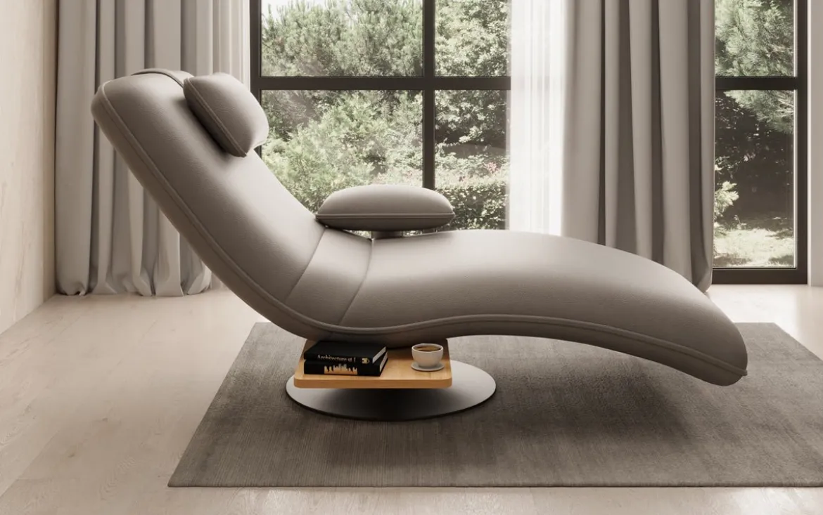 Designer Relax-Liege Velor Echtleder mit Drehfunktion und Beistelltisch