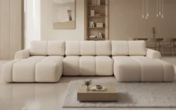 Designer Sofa Analfi U mit Schlaf- und Klappfunktion in Bouclé