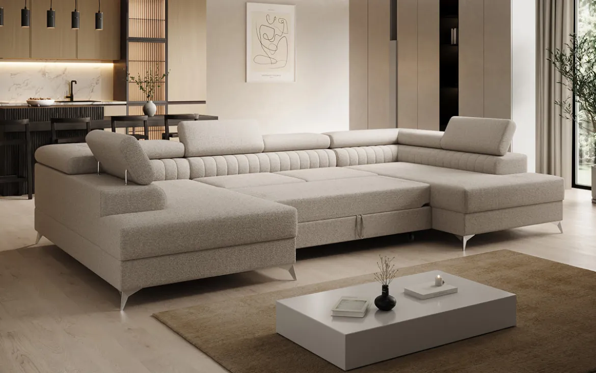 Designer Sofa Aurea U mit Schlaf- und Klappfunktion in Bouclé