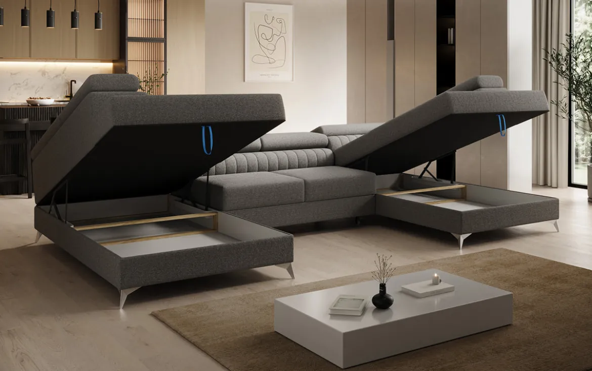 Designer Sofa Aurea U mit Schlaf- und Klappfunktion in Bouclé