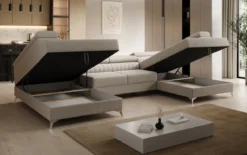 Designer Sofa Aurea U mit Schlaf- und Klappfunktion in Bouclé