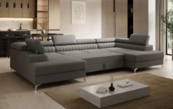 Designer Sofa Aurea U mit Schlaf- und Klappfunktion in Bouclé