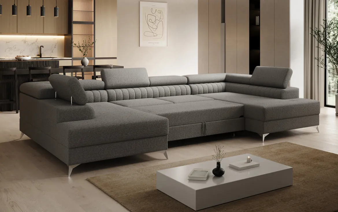 Designer Sofa Aurea U mit Schlaf- und Klappfunktion in Bouclé