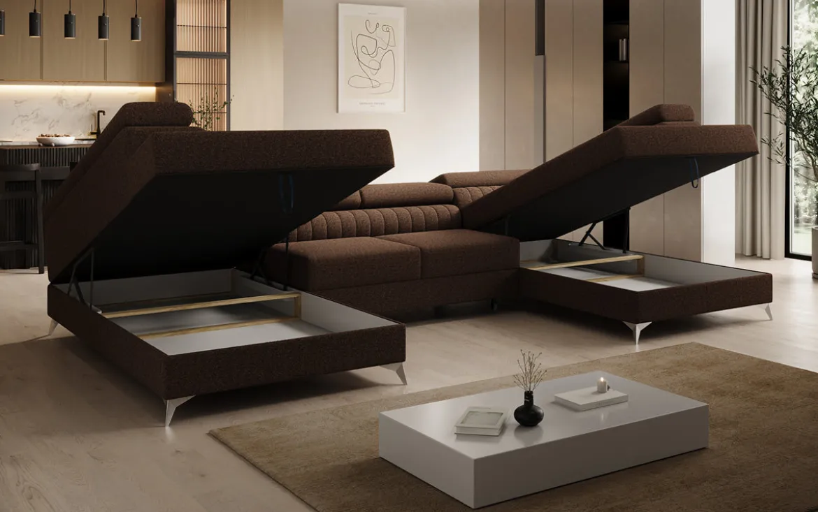 Designer Sofa Aurea U mit Schlaf- und Klappfunktion in Bouclé