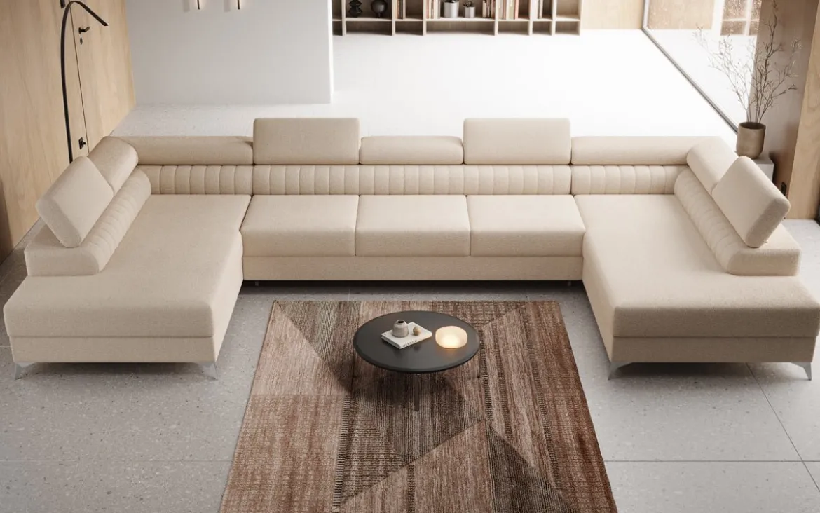 Designer Sofa Aurea U XXL mit Schlaf- und Klappfunktion in Bouclé