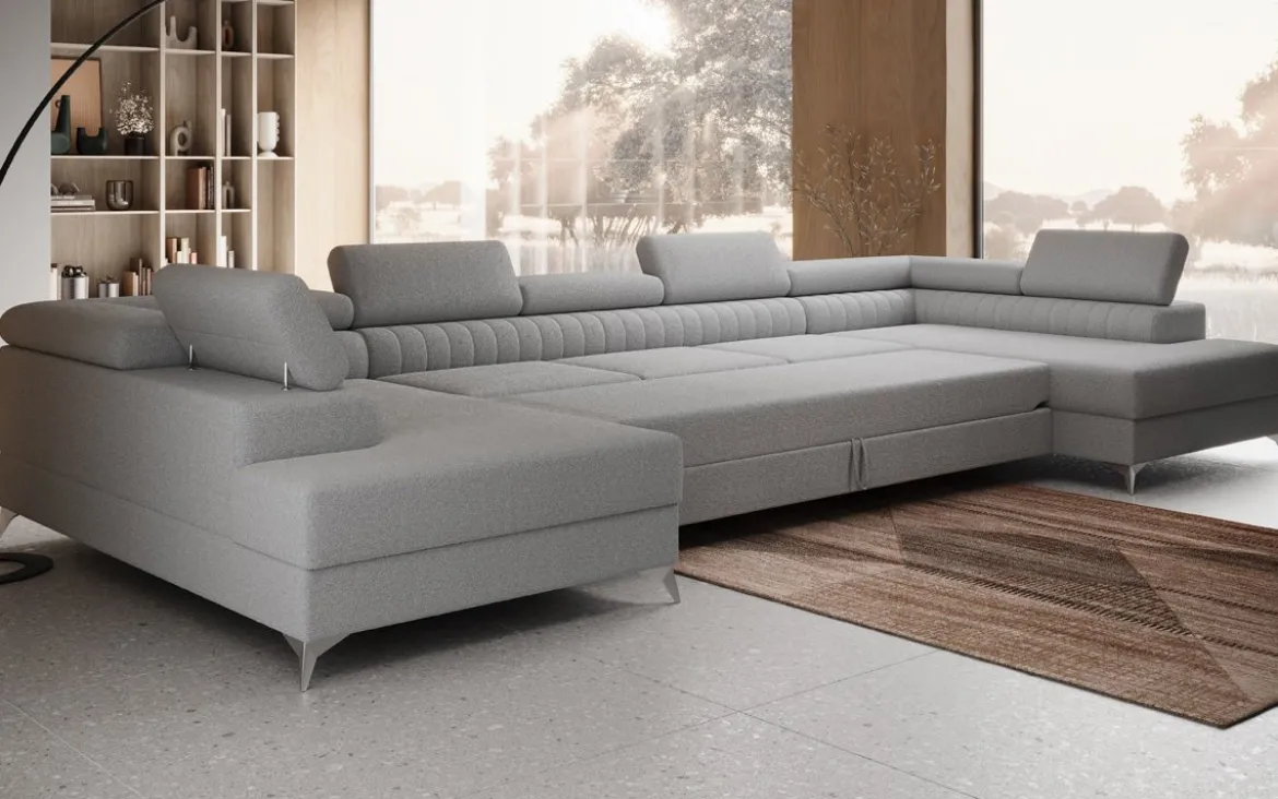 Designer Sofa Aurea U XXL mit Schlaf- und Klappfunktion in Bouclé