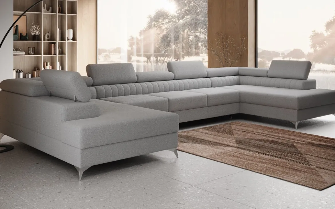 Designer Sofa Aurea U XXL mit Schlaf- und Klappfunktion in Bouclé