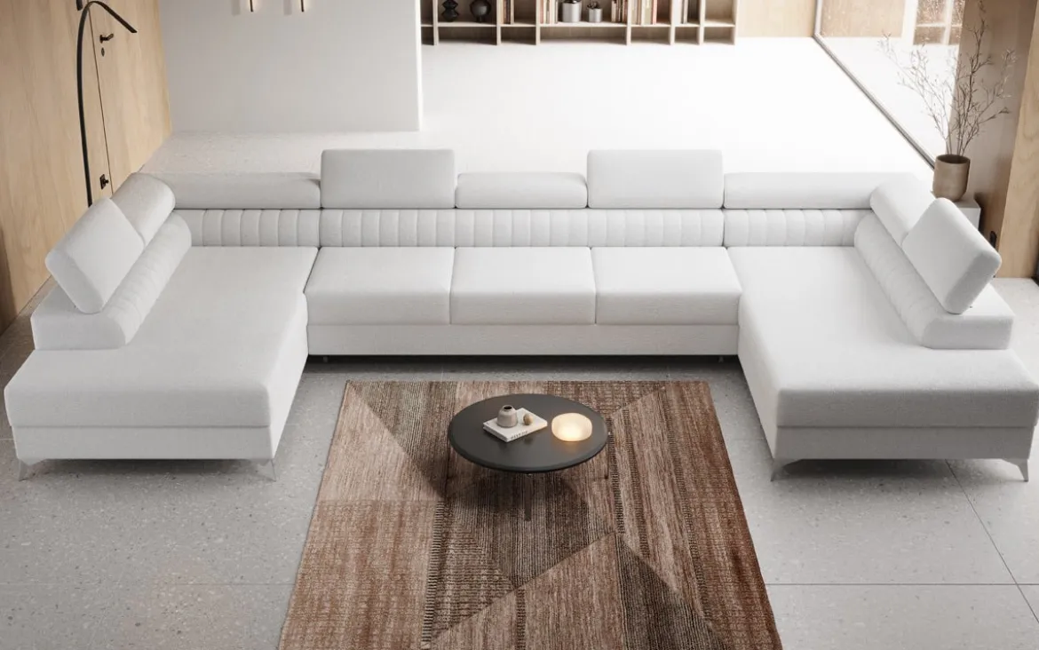 Designer Sofa Aurea U XXL mit Schlaf- und Klappfunktion in Bouclé